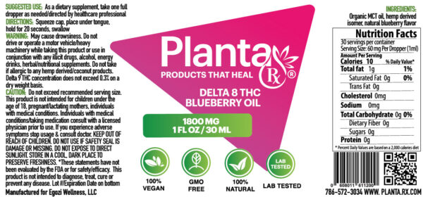 Planta Rx Delta 8 THC Oil 1800 mg/30 ml, Blueberry